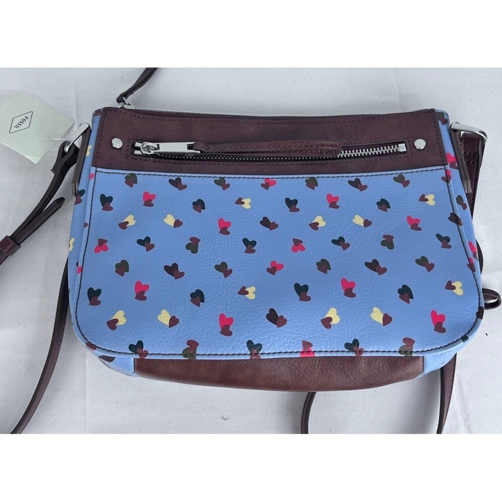 New‎ Fossil Farrah Crossbody Hearts Navy Blue Multicolor Hearts